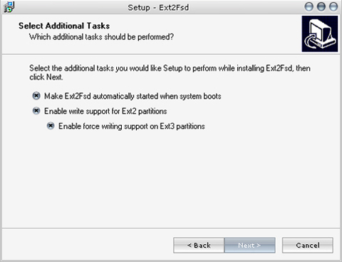 Option d'installation de Ext2fs
